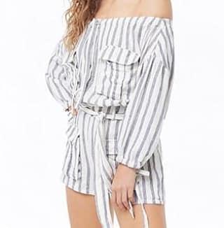 Striped Linen-Blend Pocket Romper: $120.00